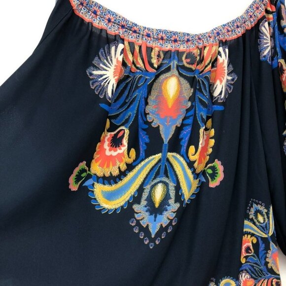 Jealous Tomato navy coral boho printed off shoulder blouse XS - Picture 9 of 11